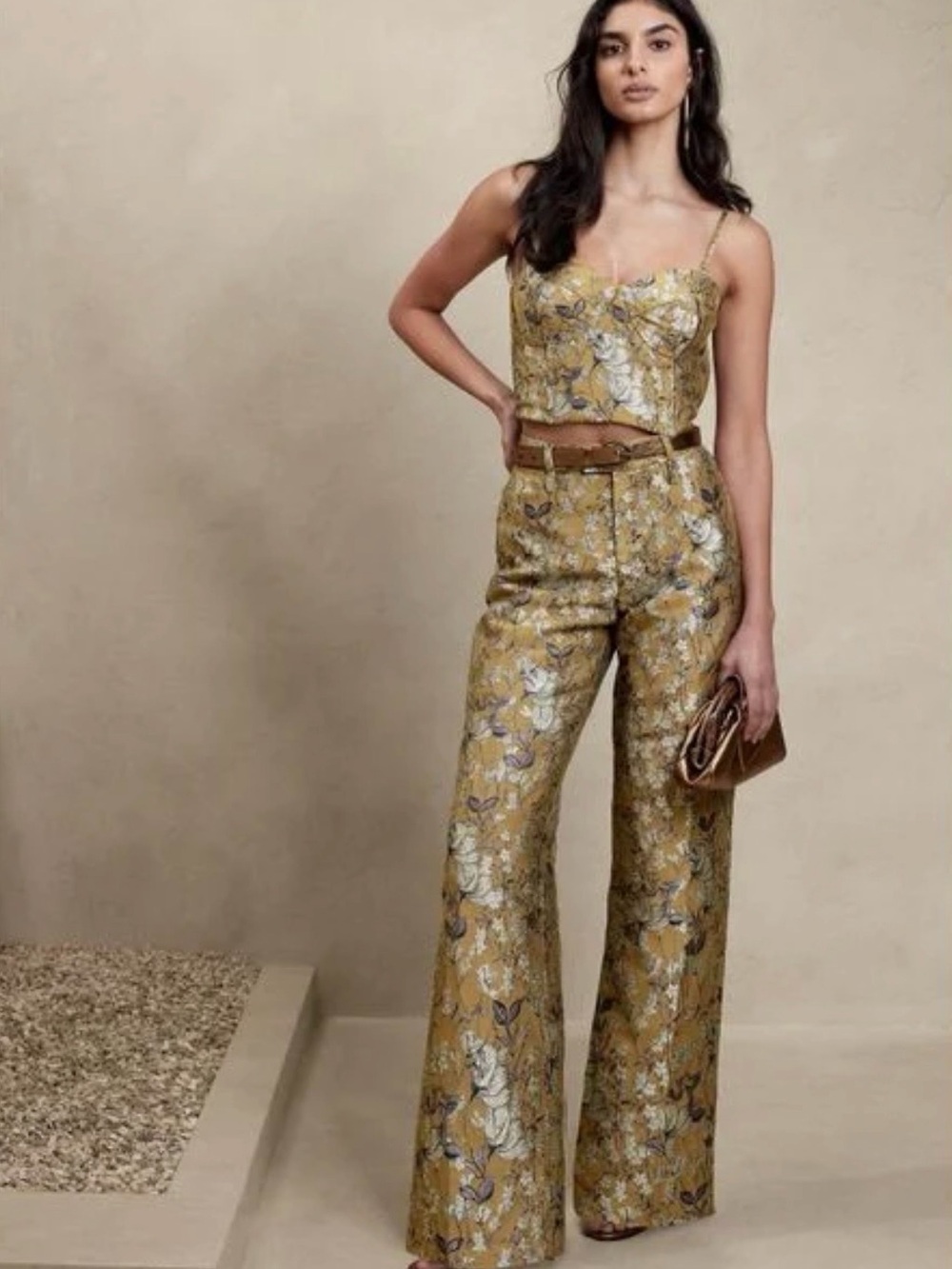 Banana Republic Gold Floral Brocade Wide-Leg Pants NWT